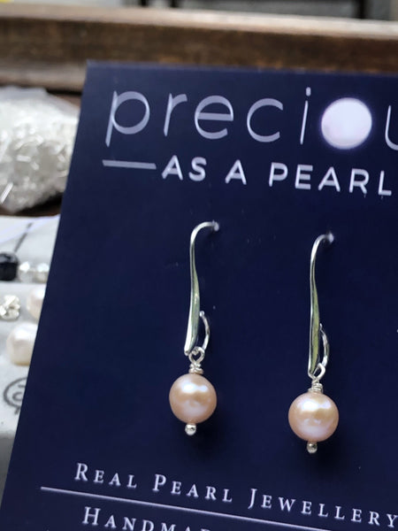 Earrings: Single pearl drop earrings on longer hook classic - Precious as a Pearl