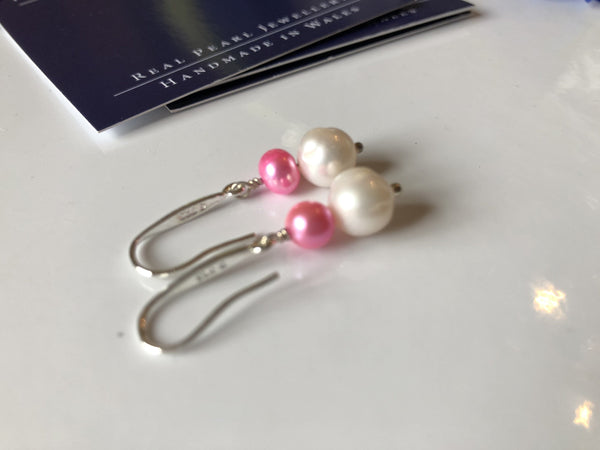 Earrings: Pink and ivory double pearl drop earrings - Precious as a Pearl