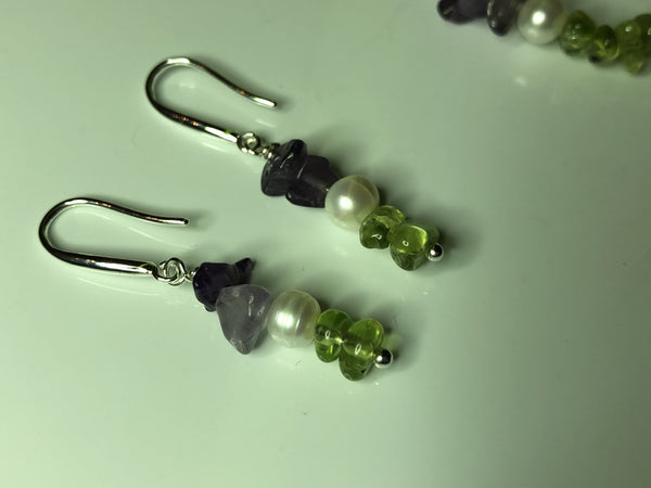 Earrings: Suffragette-inspired Peridot, Pearl and Amethyst drop earrings - Suffragette - Precious as a Pearl