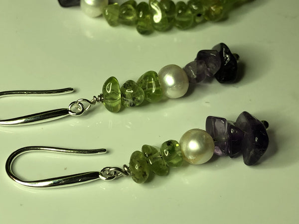 Earrings: Suffragette-inspired Peridot, Pearl and Amethyst drop earrings - Suffragette - Precious as a Pearl