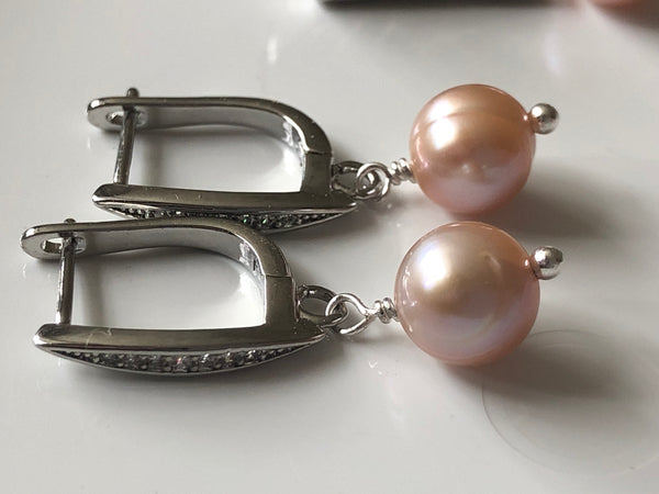 Earrings: peach drop earrings on a pavé studded hinge back - Precious as a Pearl