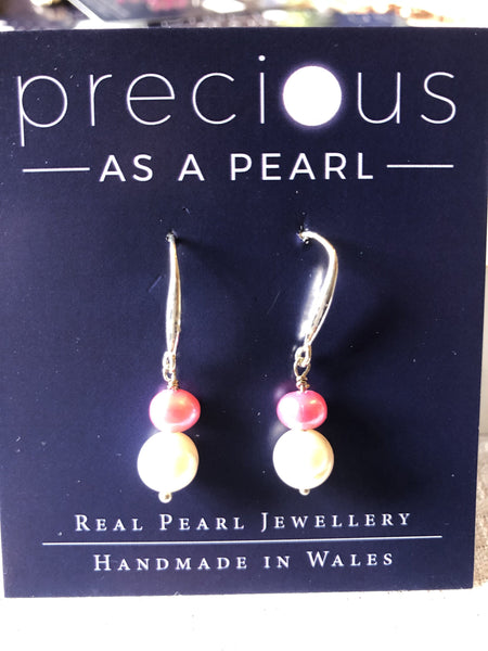 Earrings: Pink and ivory double pearl drop earrings - Precious as a Pearl