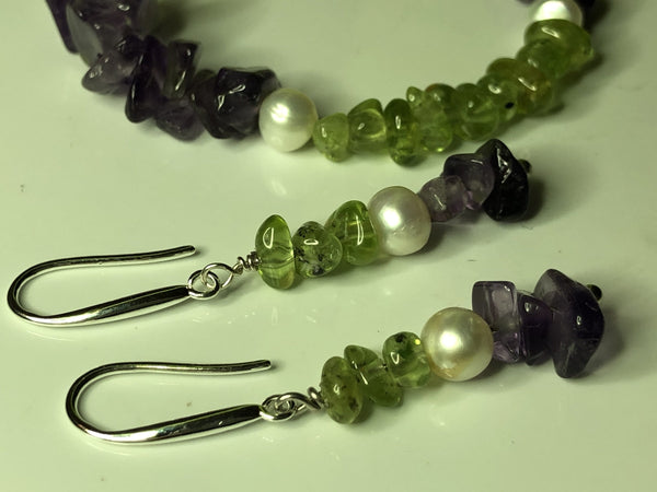 Earrings: Suffragette-inspired Peridot, Pearl and Amethyst drop earrings - Suffragette - Precious as a Pearl