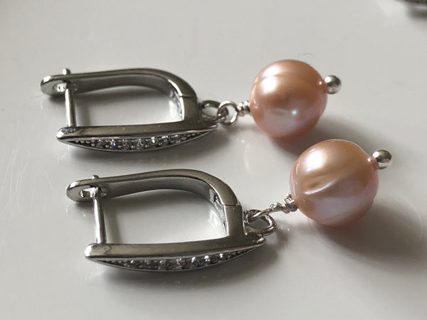 Earrings: peach drop earrings on a pavé studded hinge back - Precious as a Pearl