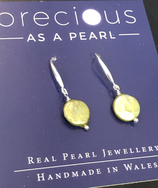 Earrings: freshwater pearl coin drop earrings green - Precious as a Pearl