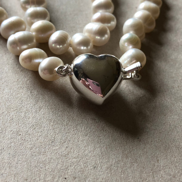 Necklace - Ivory Baroque freshwater pearls with silver heart clasp