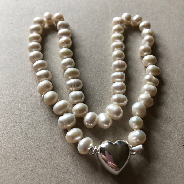 Necklace - Ivory Baroque freshwater pearls with silver heart clasp