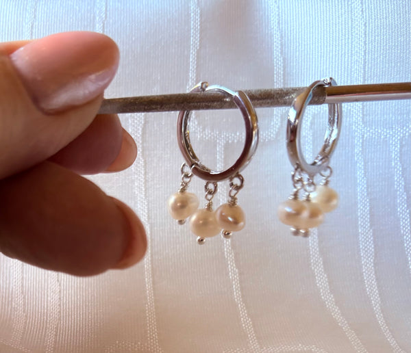 Earrings: Silver hoops with ivory freshwater pearls