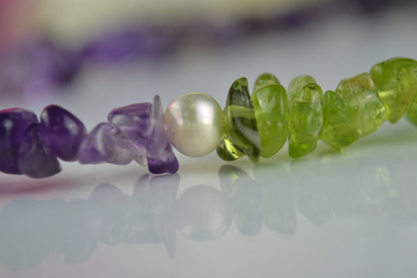 Necklace: Peridot Pearl and Amethyst Suffragette-inspired - Precious as a Pearl
