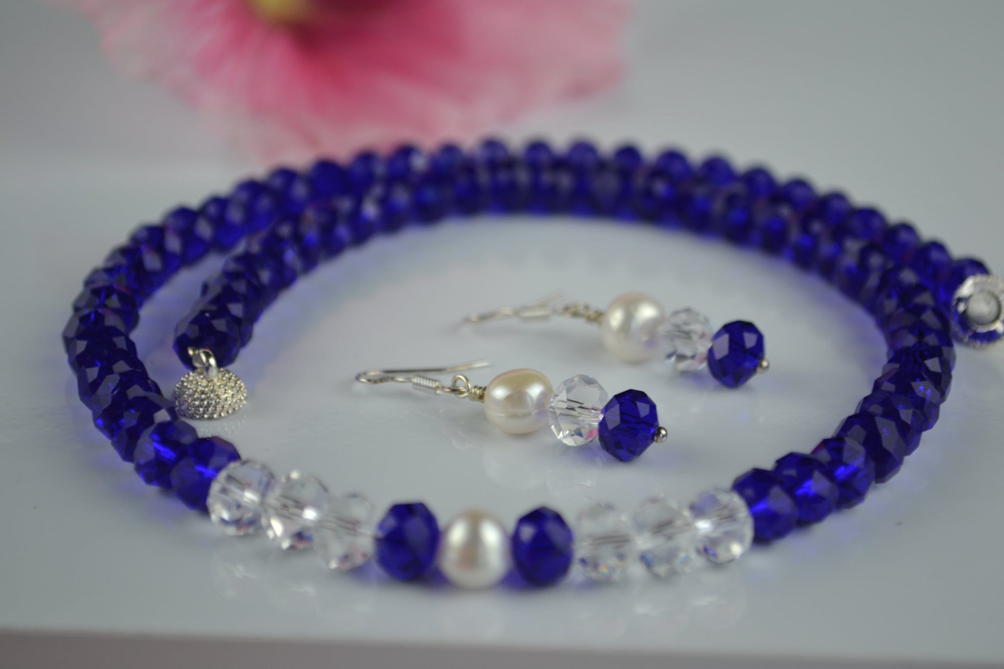 Necklace set: Cobalt blue crystal with pearl accent - Precious as a Pearl