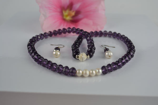 Necklace Set: Purple crystal and pearl - Precious as a Pearl
