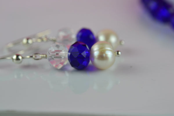 Necklace Set: royal/cobalt blue crystal and ivory cultured pearl - Precious as a Pearl