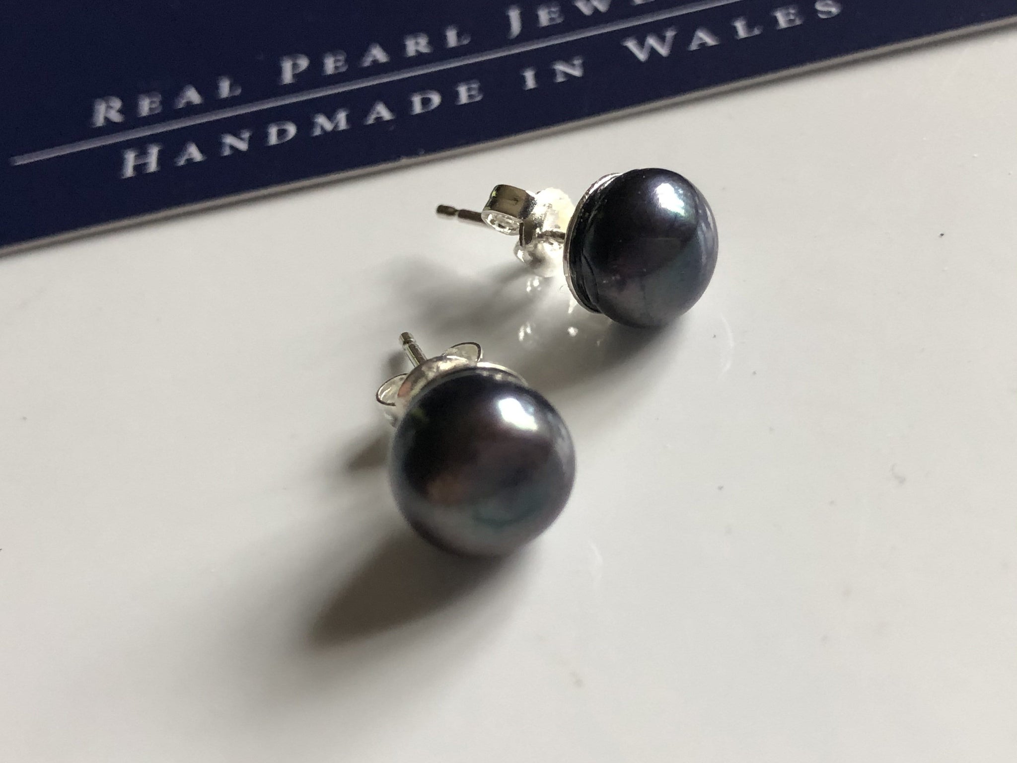 Pearl Stud Earrings: Peacock blue black freshwater pearl stud earrings - Precious as a Pearl
