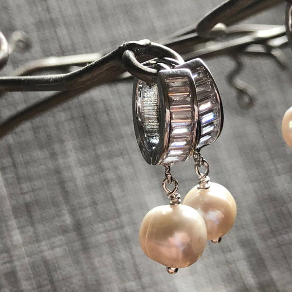 Earrings: Large single Pearl drop earrings on a baguette encrusted hoop - classic - Precious as a Pearl