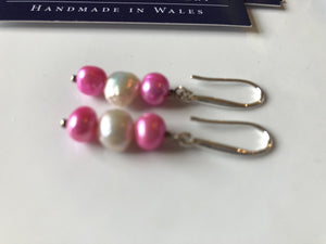Earrings: Pink and ivory triple pearl drop earrings - Precious as a Pearl
