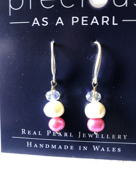 Earrings: Ivory and pink pearl with white crystal drop earrings - Precious as a Pearl