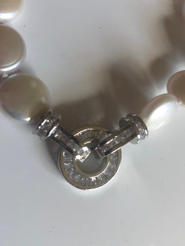 Bracelet: Pearl coin bracelet with baguette encrusted clasp