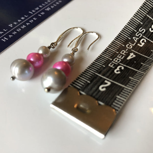 Earrings: Pink and grey triple pearl drop earrings - Precious as a Pearl