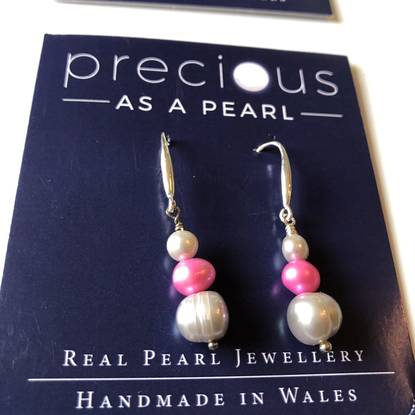 Earrings: Pink and grey triple pearl drop earrings - Precious as a Pearl