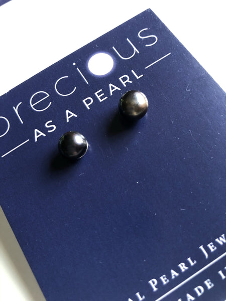 Pearl Stud Earrings: Peacock blue black freshwater pearl stud earrings - Precious as a Pearl