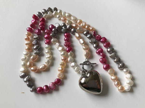 Necklace: Pearl Necklace Longer length pink, grey, peach & ivory classic - Precious as a Pearl