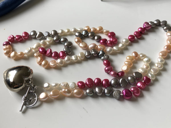 Necklace: Pearl Necklace Longer length pink, grey, peach & ivory classic - Precious as a Pearl